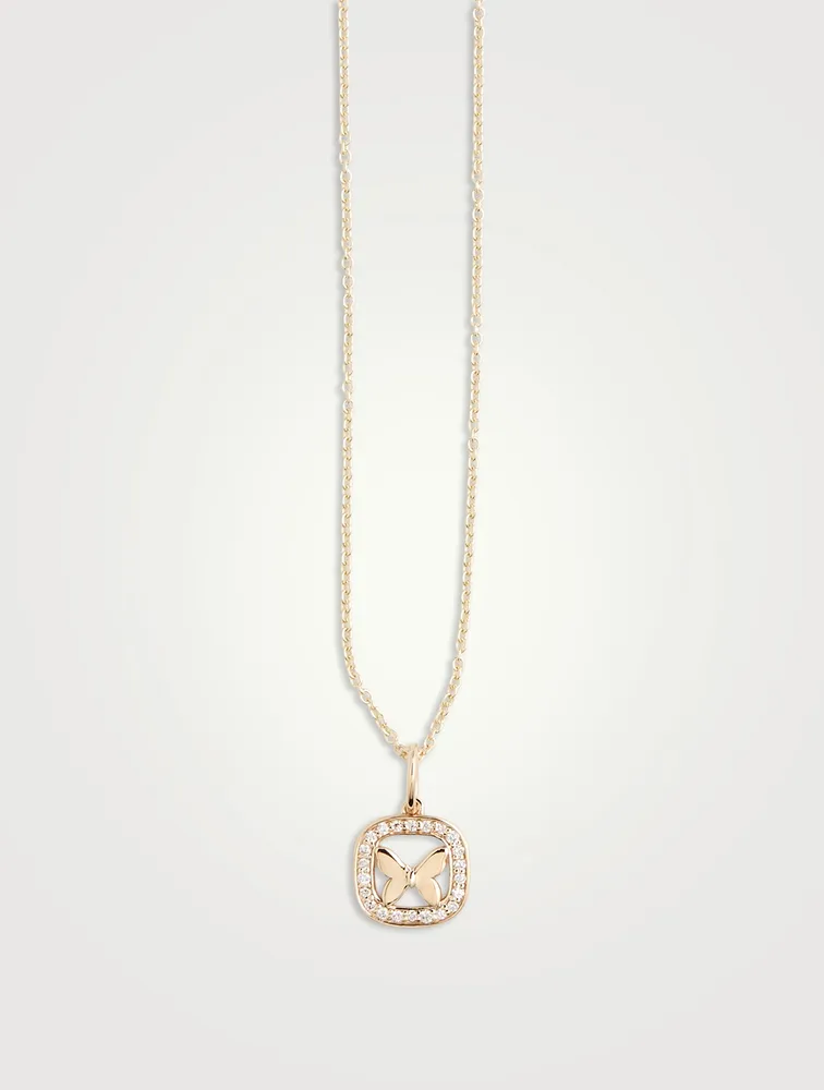 14K Gold Open Icon Butterfly Pendant Necklace With Diamonds