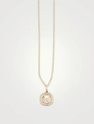 14K Gold Open Icon Butterfly Pendant Necklace With Diamonds