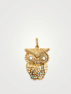 18K Gold Owl Pendant With Opal And Diamonds