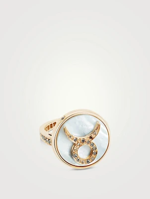 18K Gold Zodiac Taurus Ring With Mother-Of-Pearl And Grey Diamonds