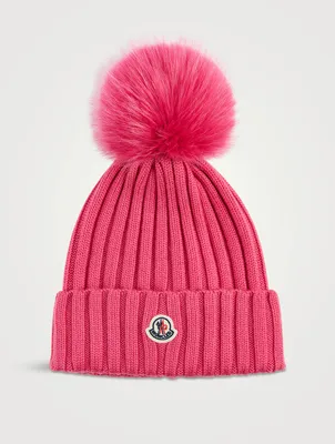 Ribbed Wool Toque With Logo And Faux Fur Pom