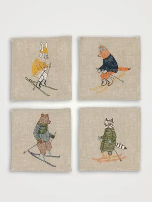Set Of Four Downhill Skiers Cocktail Napkins