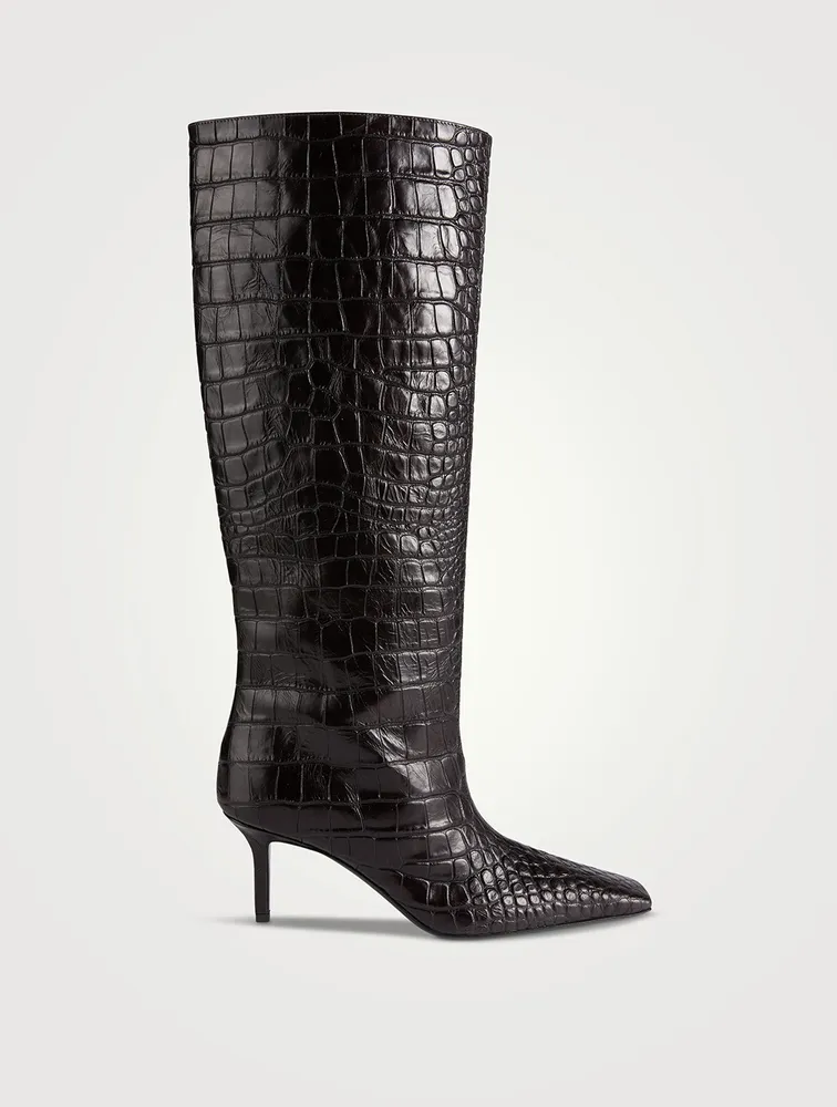 Croc-Embossed Leather Knee-High Boots