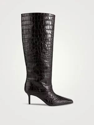 Croc-Embossed Leather Knee-High Boots