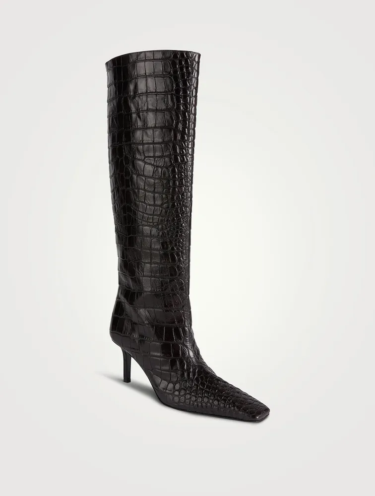 Croc-Embossed Leather Knee-High Boots