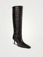 Croc-Embossed Leather Knee-High Boots