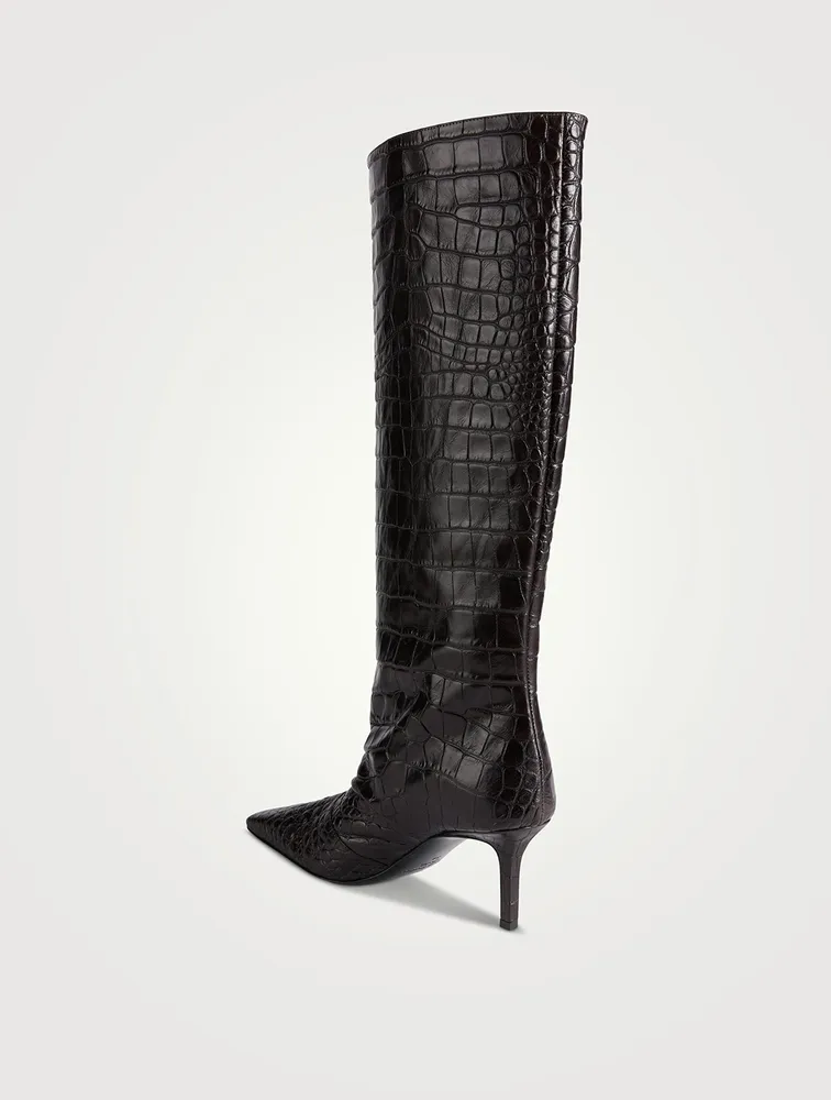 Croc-Embossed Leather Knee-High Boots