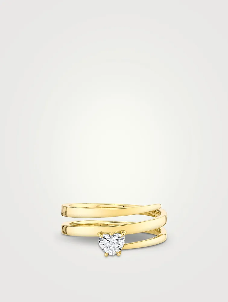 18K Gold Coil Ring With Heart Diamond