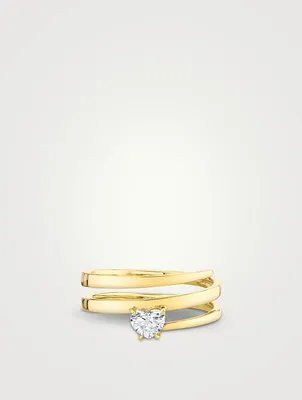 18K Gold Coil Ring With Heart Diamond