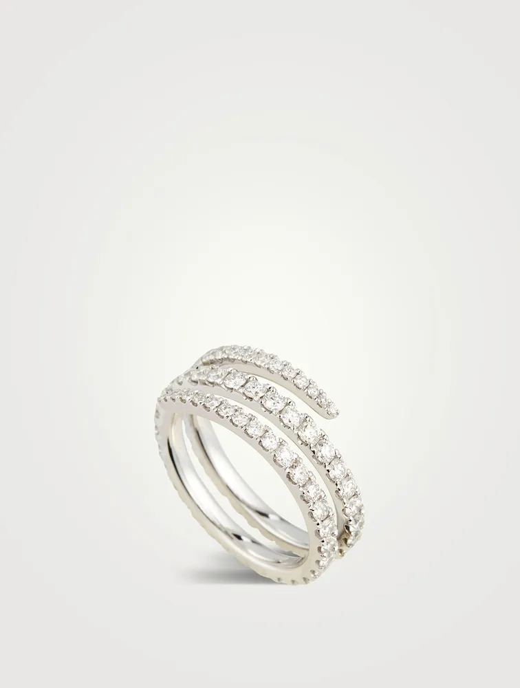 18K White Gold Coil Ring With Diamonds