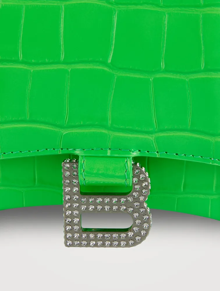 Balenciaga Bright Green Croc Embossed Leather Hourglass Crystal Xs Top Handle Bag