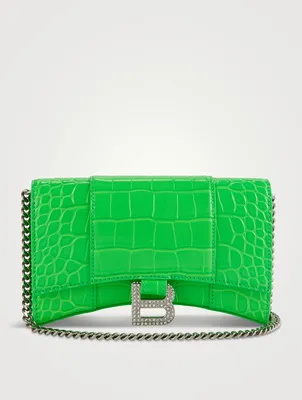Hourglass Crystal-Embellished Croc-Embossed Leather Chain Wallet
