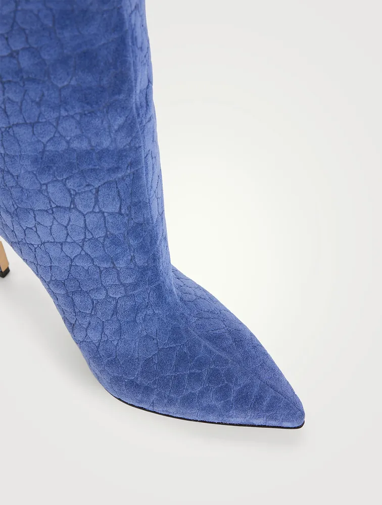 Croc-Embossed Suede Knee-High Boots