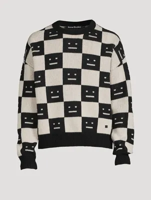 Checkerboard Wool Crewneck Sweater With Face Logo