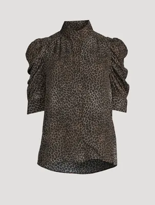 Gillian Puff-Sleeve Silk Blouse Leopard Print