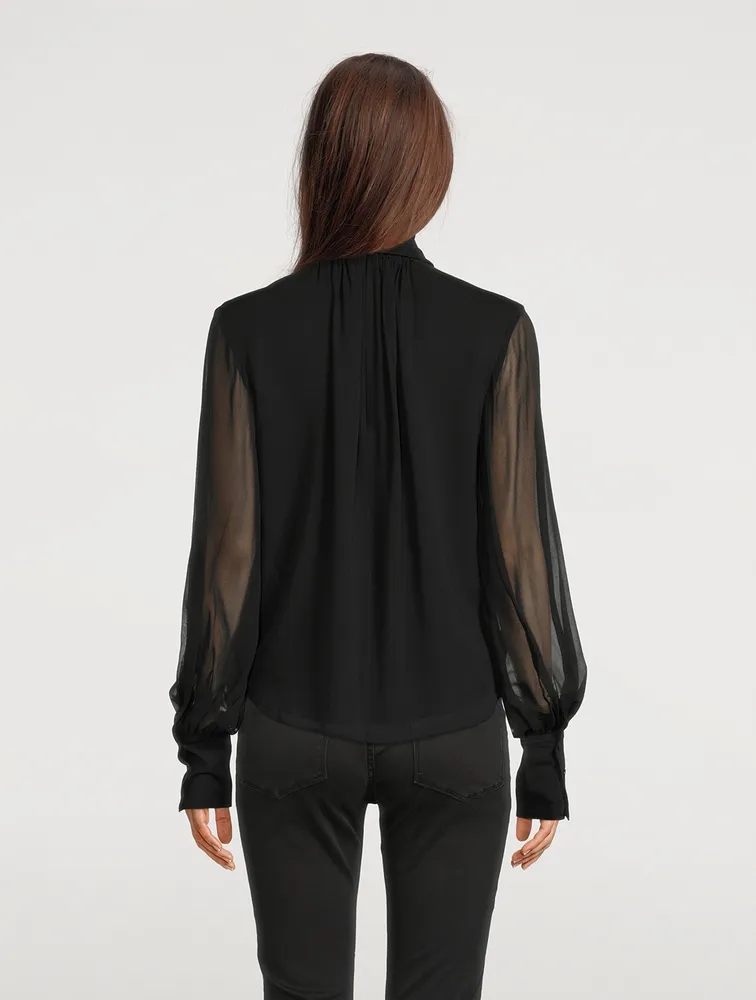 Long-Sleeve Silk Bow Blouse