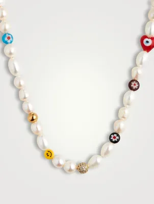 Smiley Face Beaded Pearl Choker Necklace