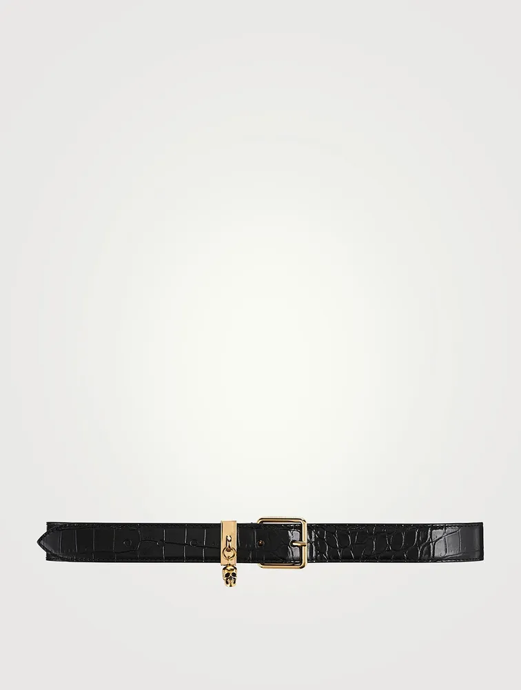 Croc-Embossed Leather Belt With Skull Charm