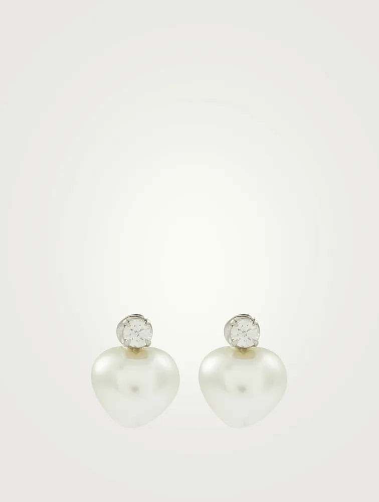 Faux Pearl And Crystal Heart Earrings