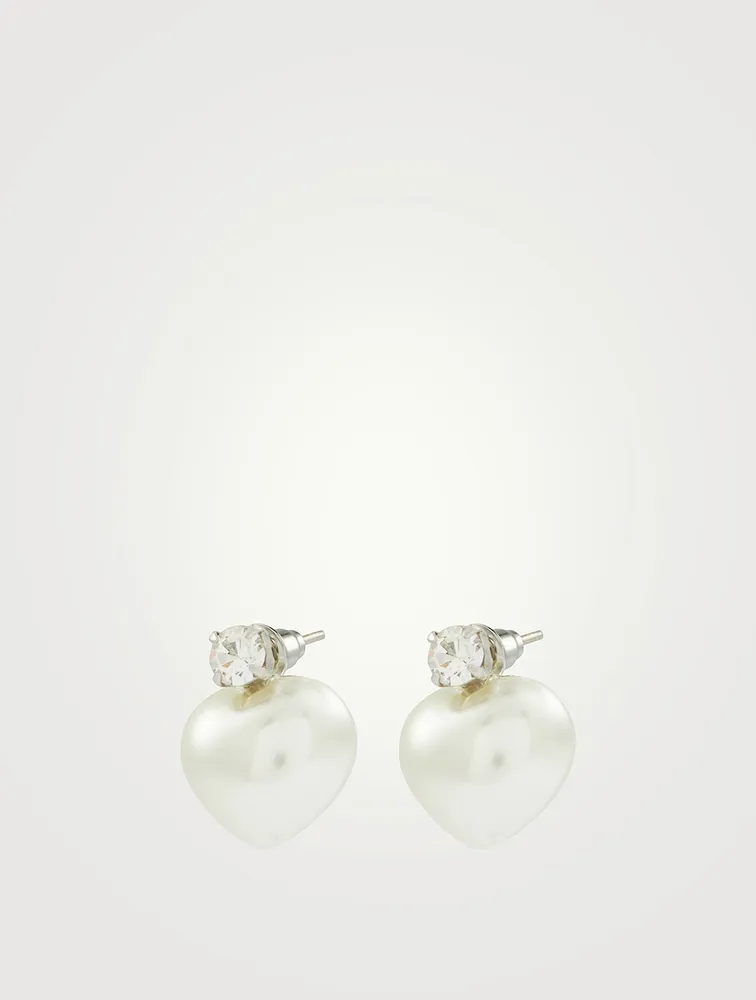 Faux Pearl And Crystal Heart Earrings
