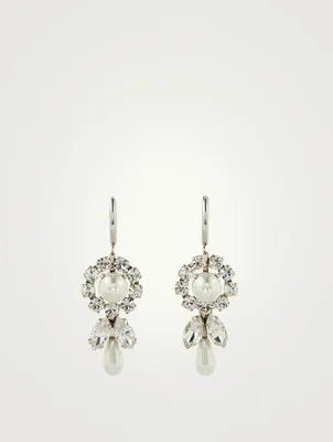 Crystal And Faux Pearl Flower Drop Hoop Earrings