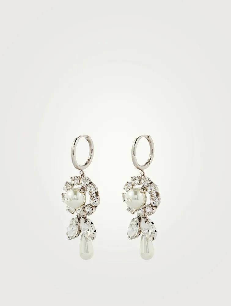 Crystal And Faux Pearl Flower Drop Hoop Earrings