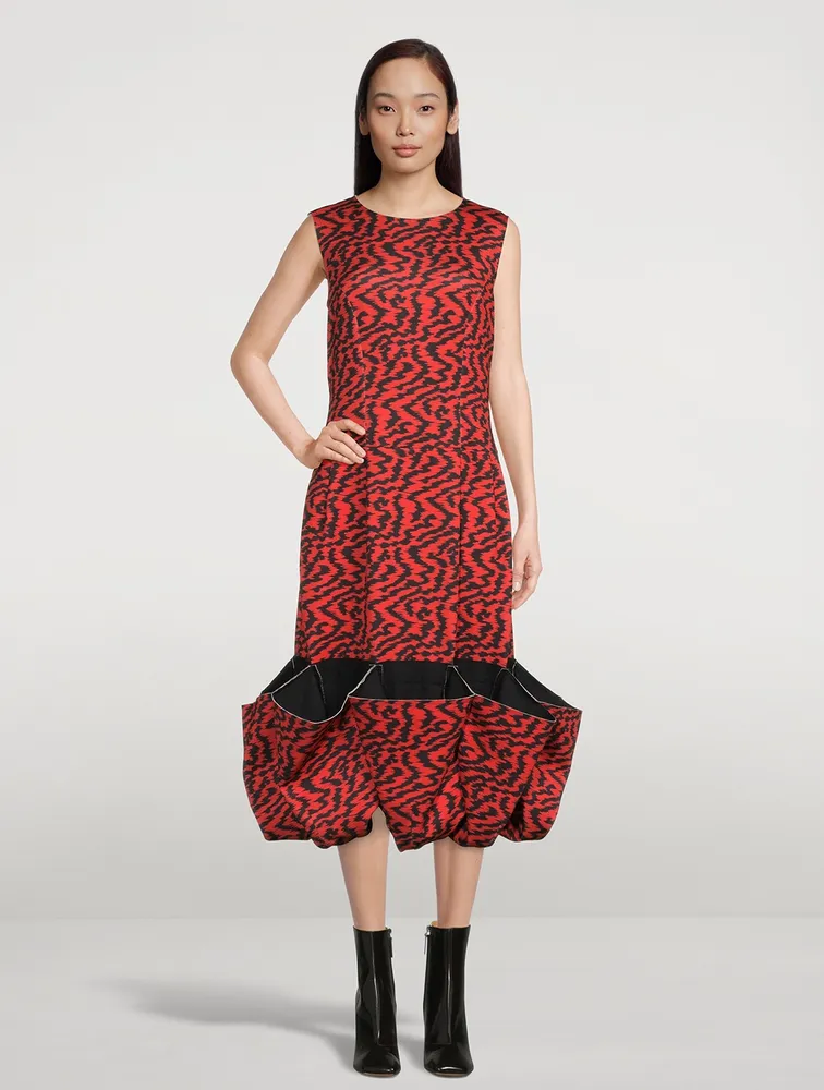 Bubble-Hem Printed Midi Dress