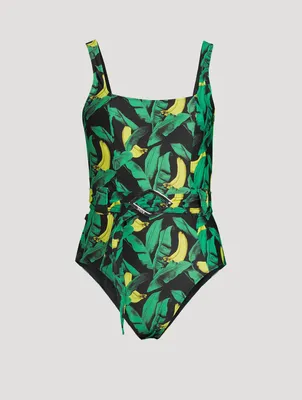 Belted One-Piece Swimsuit In Tropical Print