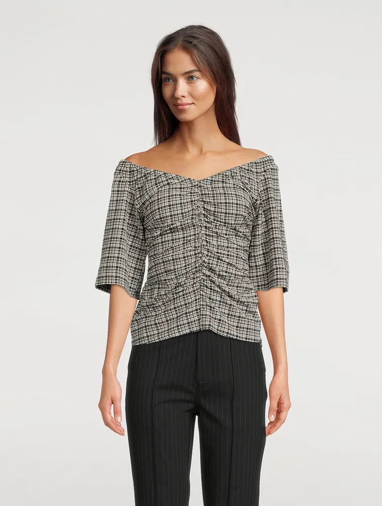 Ruched Seersucker Blouse In Plaid Print