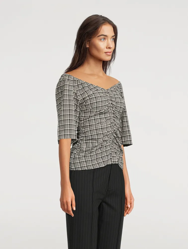 Ruched Seersucker Blouse In Plaid Print