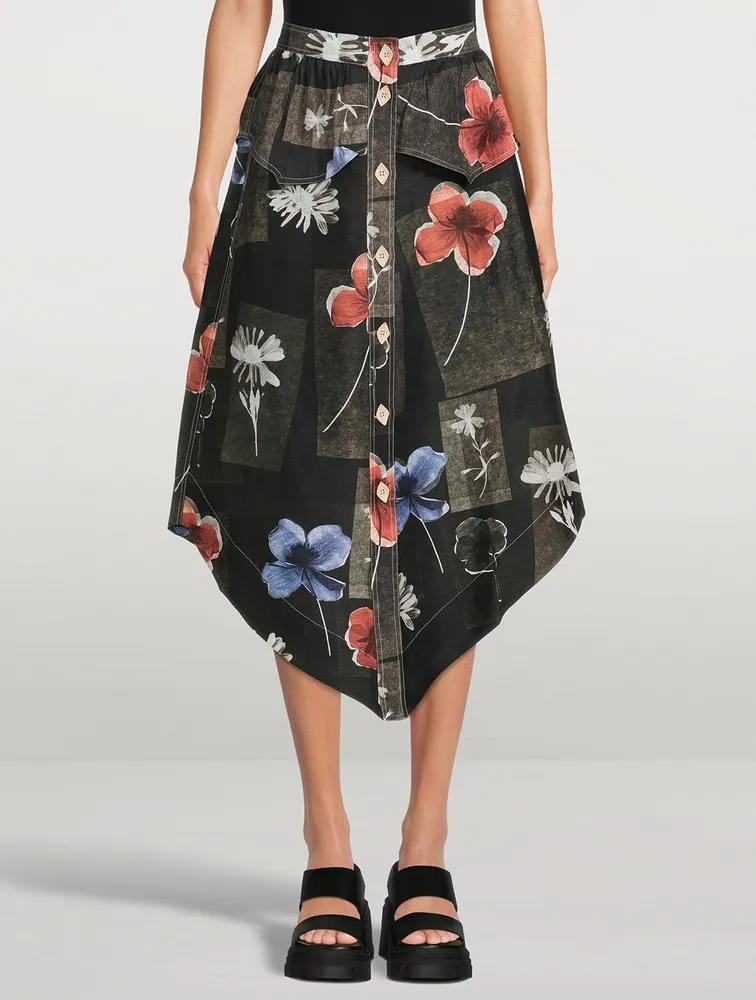 Silk Linen Midi Skirt In Floral Print