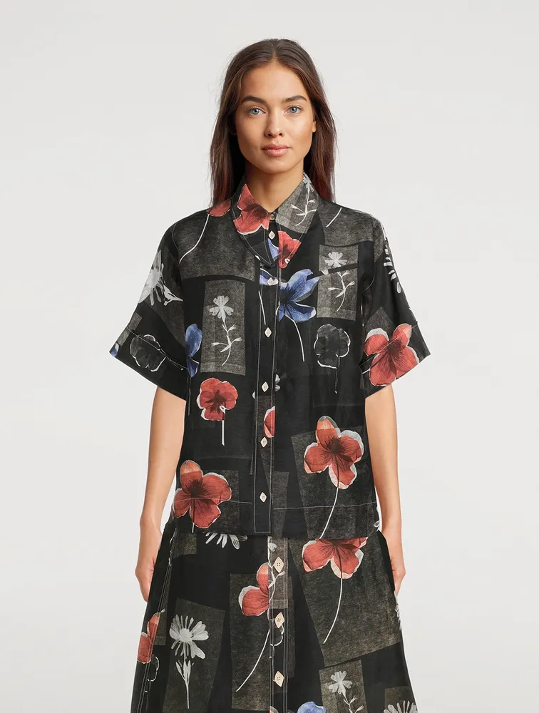 Silk Linen Shirt Floral Print