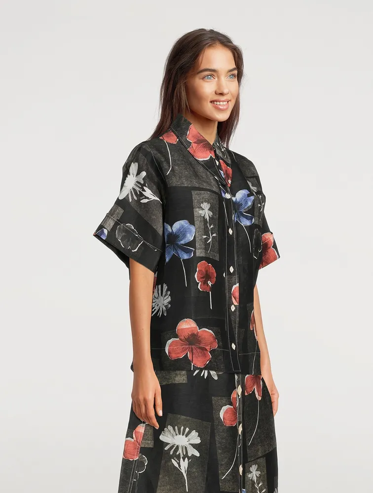 Silk Linen Shirt Floral Print