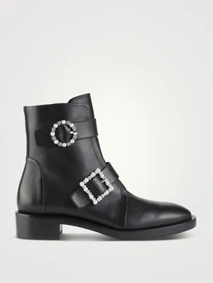 Pearl Crystal-Embellished Leather Ankle Boots