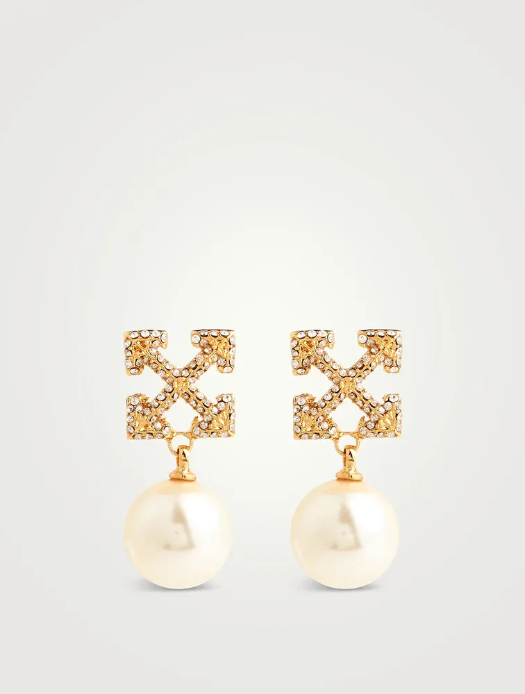 Pavé Faux Pearl Arrow Earrings