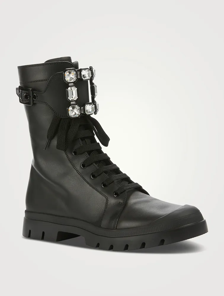 Walky Viv' Strass Buckle Leather Combat Boots