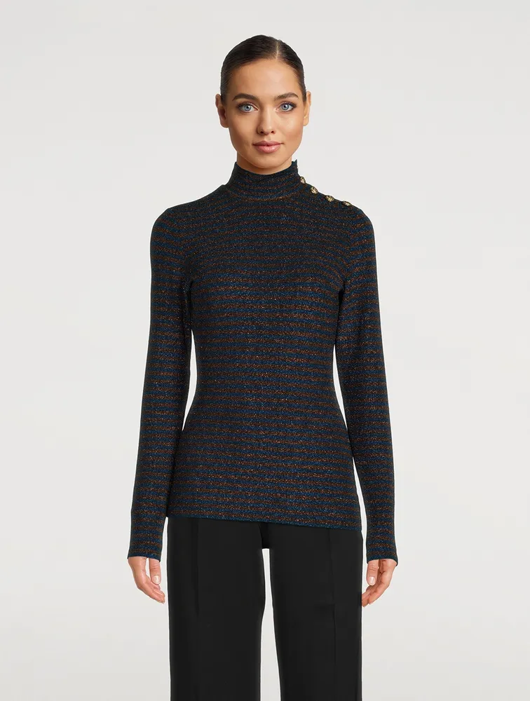 Buttoned Turtleneck Stripe Print