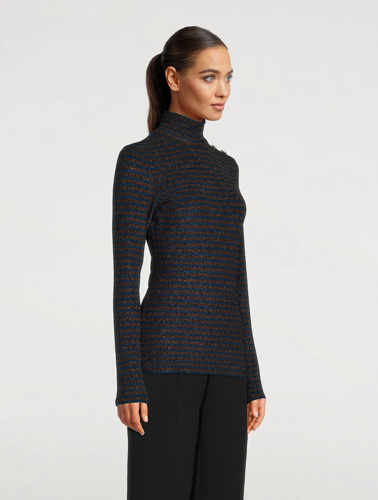 Buttoned Turtleneck Stripe Print
