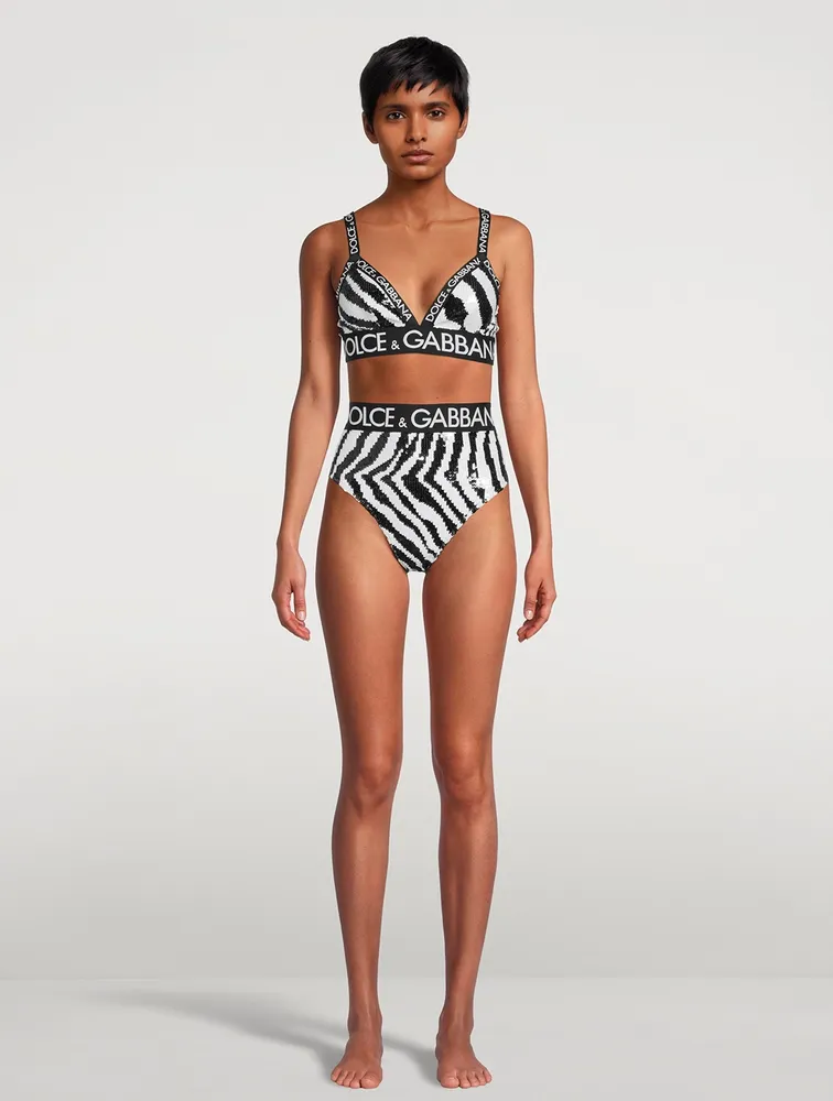 Logo-Band Sequin Sports Bra Zebra Print