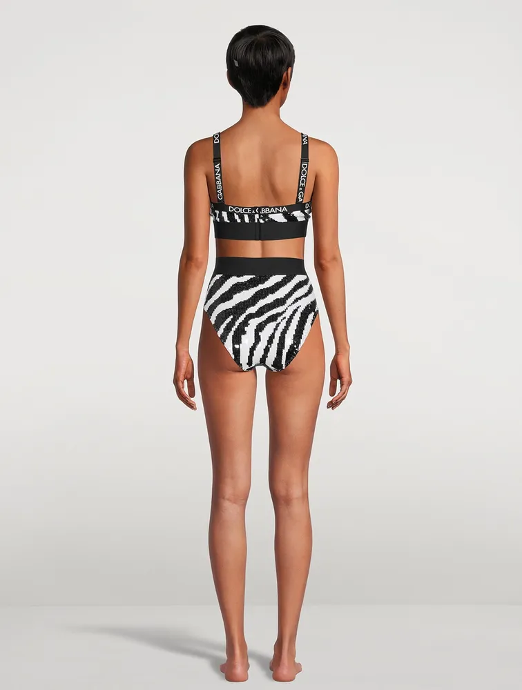 Logo-Band Sequin Sports Bra Zebra Print