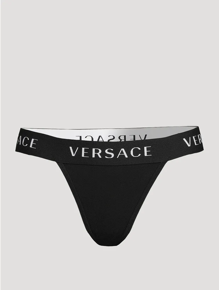 Versace Greca-border Mid-rise Stretch-cotton Thong - Black