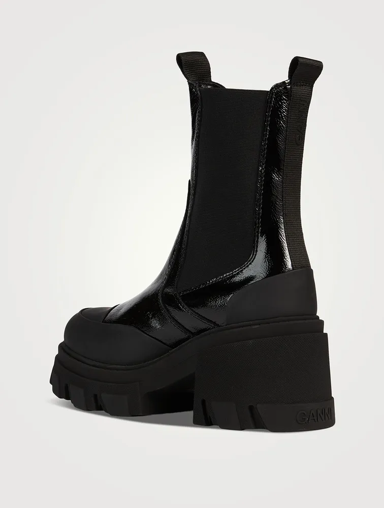 Lug-Sole Patent Leather Chelsea Boots