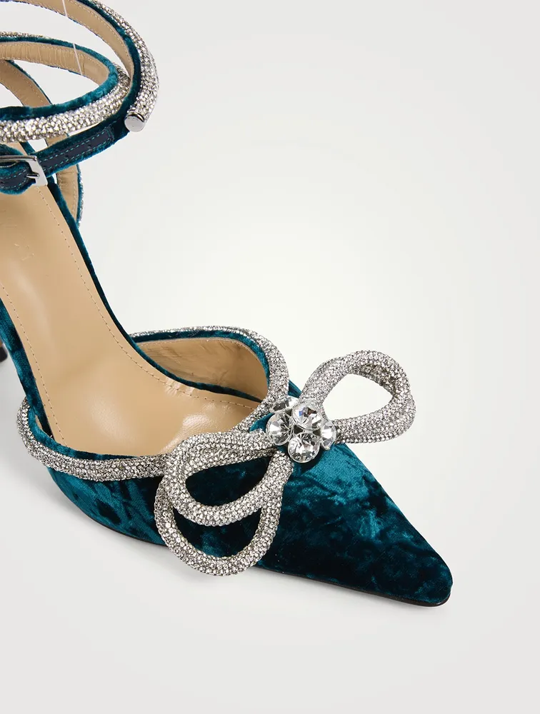 Double Bow Crystal-Embellished Velvet Pumps