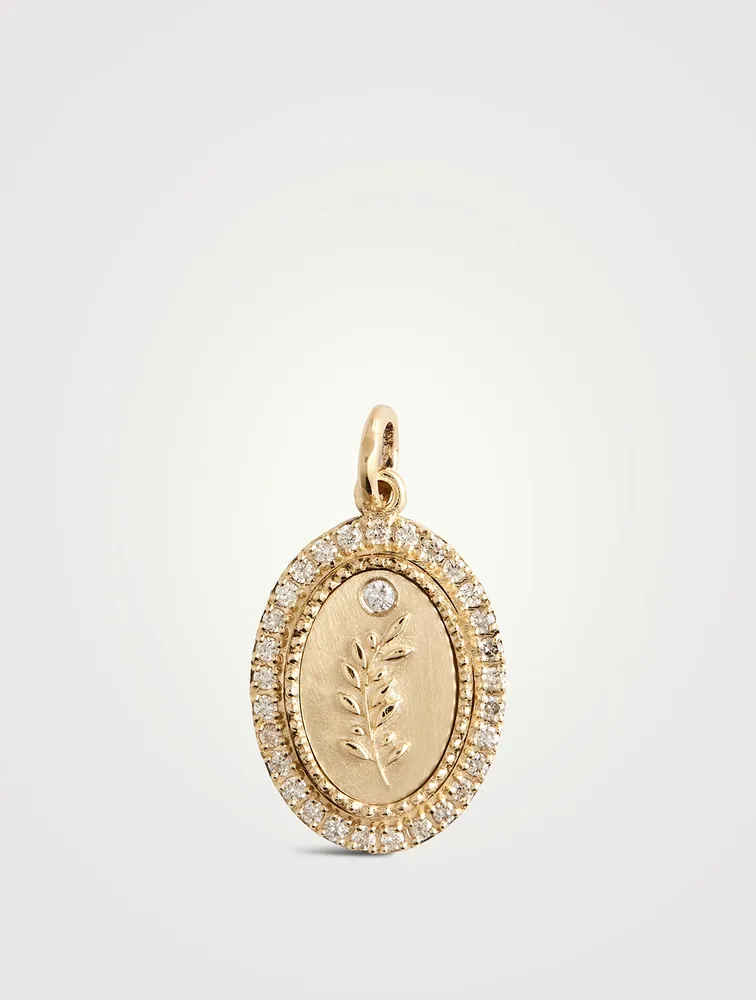 10K Gold Olive Branch Token Pendant With Diamond Halo