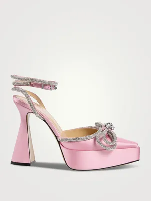 Double Bow Crystal-Embellished Satin Platform Pumps