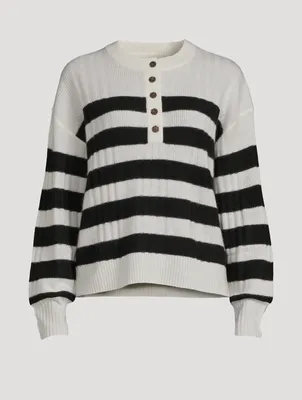 Lightweight Cashmere Striped Ribbed Henley Sweater