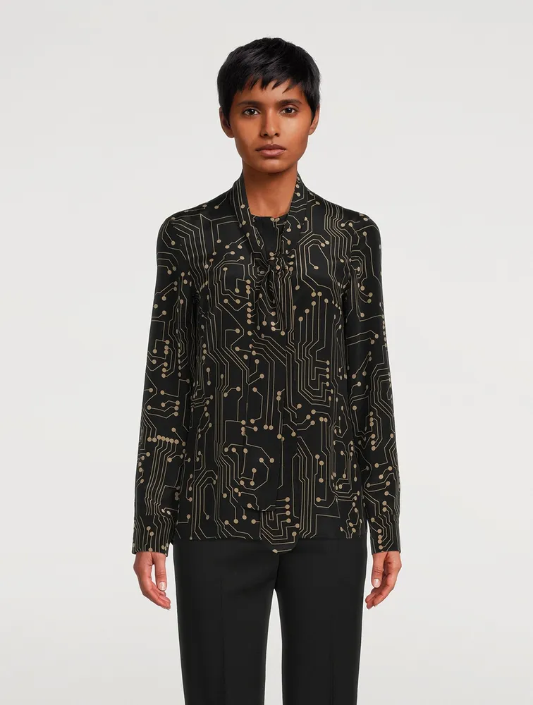 Tie-Neck Silk Blouse Circuit Board Print