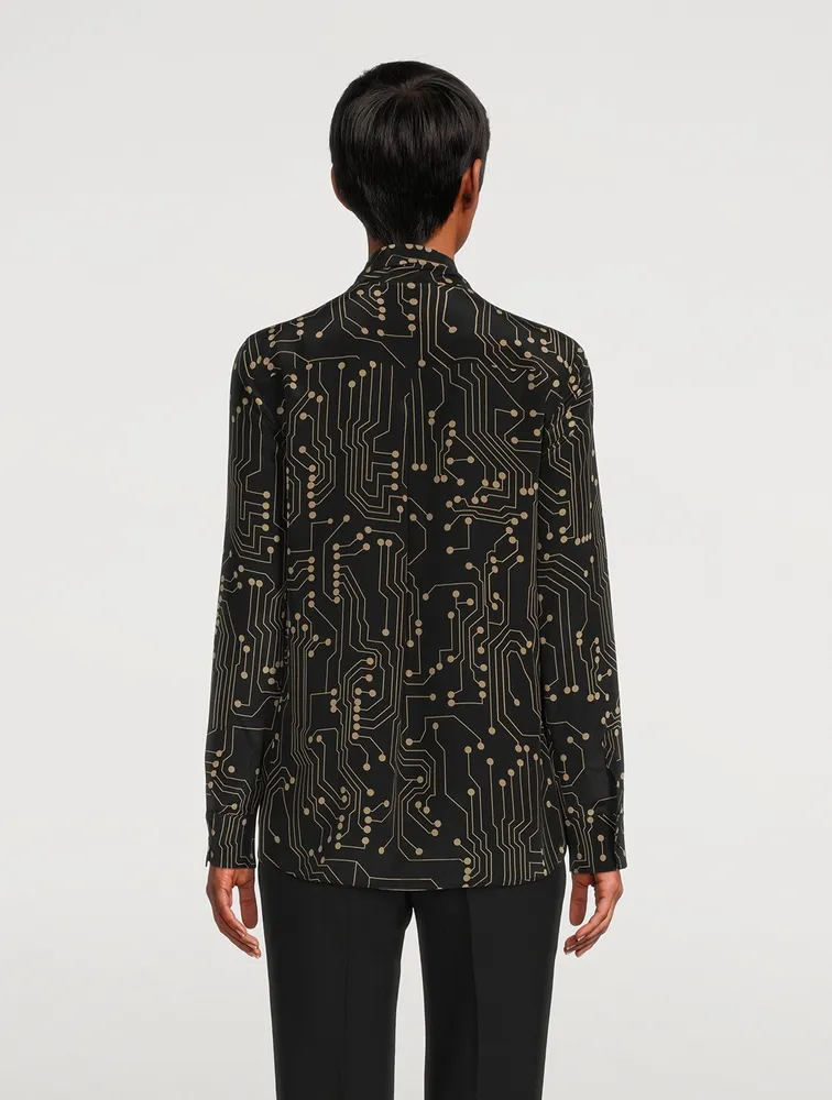 Tie-Neck Silk Blouse Circuit Board Print