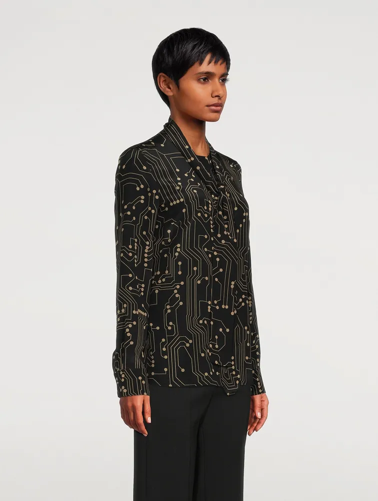 Tie-Neck Silk Blouse Circuit Board Print