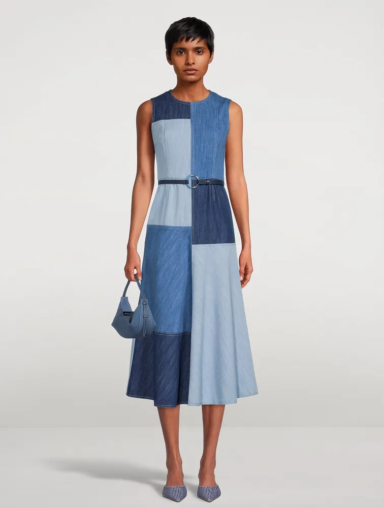 Belted Patchwork Denim Midi Dress